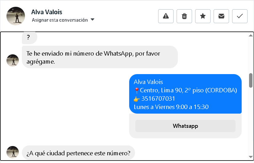 Chat de Messenger redirigiendo a WhatsApp