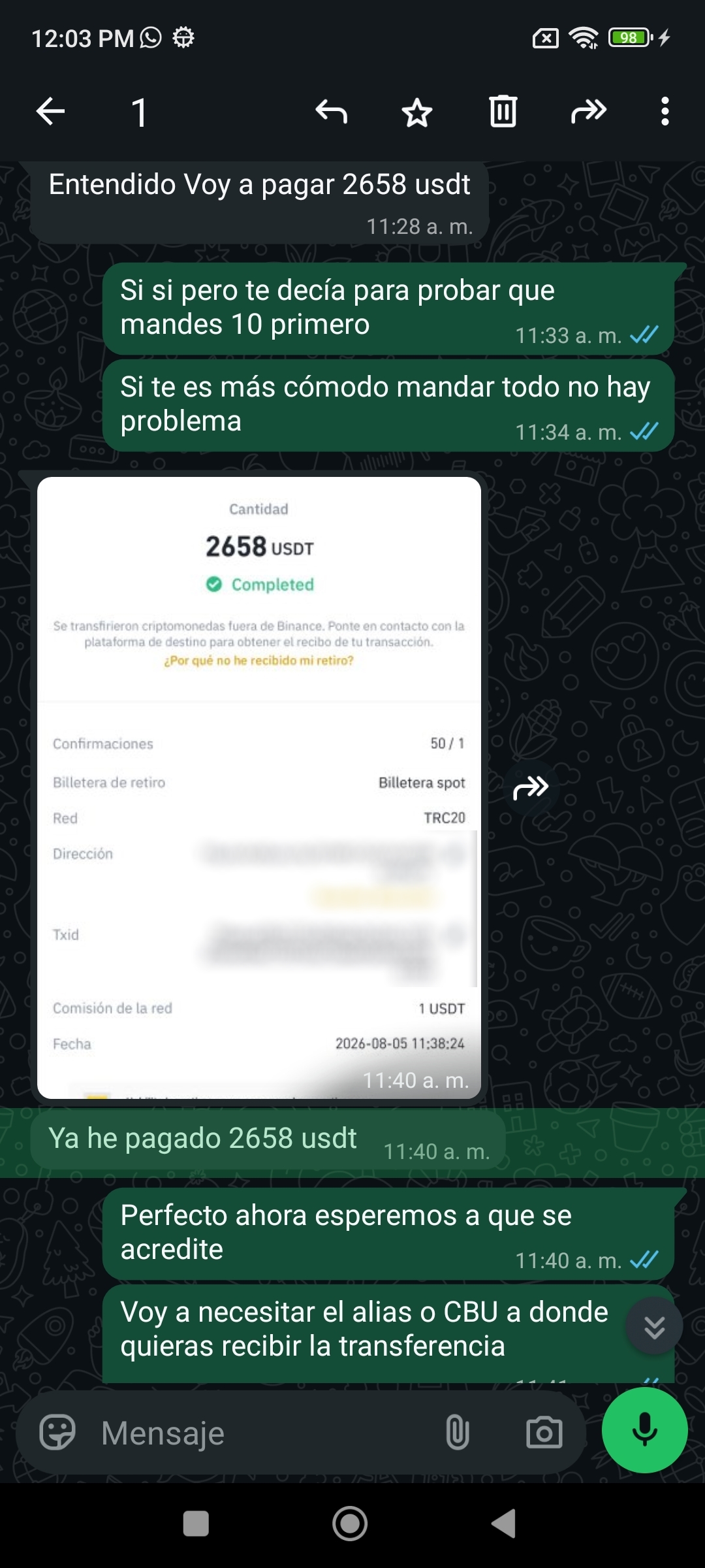 Comprobante editado enviado por el estafador